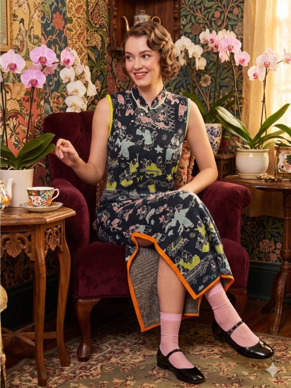 YanYan Knits Wool Blend Cheongsam Dress Mandarin Collar Chinese Scene Large L Lu